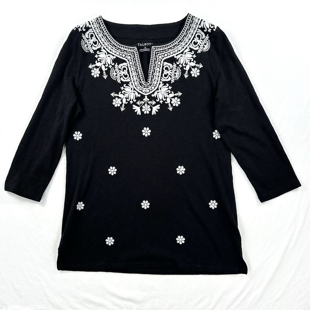 Talbots Split Neck Embroidered Tunic Top Womens Medium Blue Cotton Bohemian